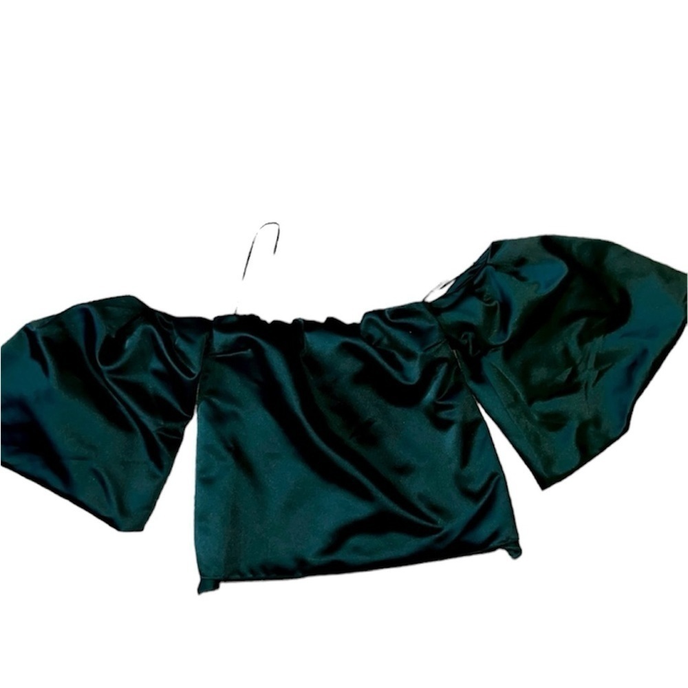 ZARA Women's Dark Green Satin Tube Top with Bell Sleeves - Size X-Small